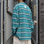 EMBROIDERED LOGO MULTI BORDER L/S T-SHIRT #GREEN / WHITE [CCC-253C007]