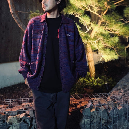 MIX KNIT CATDIGAN WITH BADGE #BLUE×BLACK×RED [CCC-263KN002]