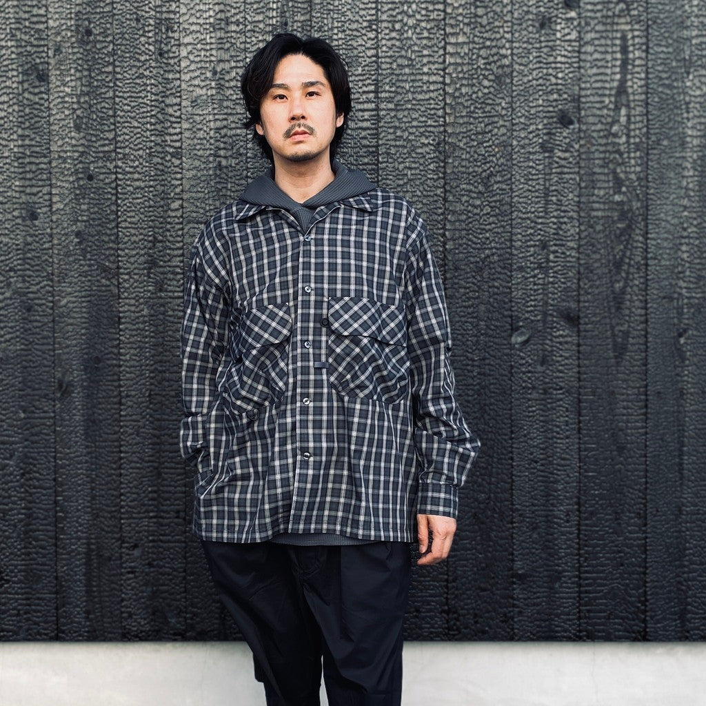 TECH SPORTS OPEN COLLAR SHIRT L/S GREN PLAID #CHARCOAL [BE-82026]