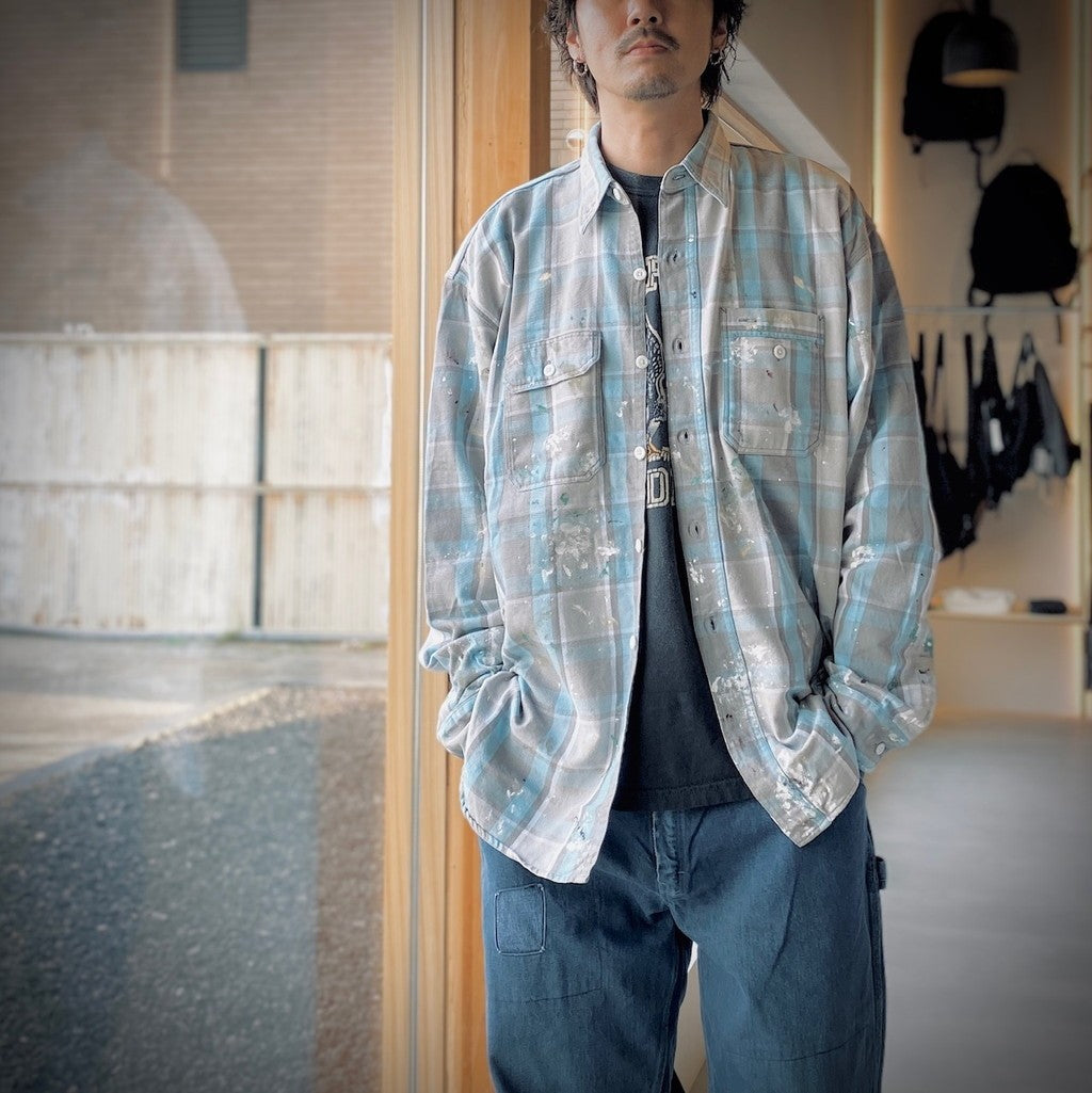 PAINTER'S PAINT STAINED FLANNEL SHIRT #AGED L.BLUE×O.WHITE [BW252