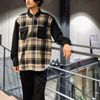 半拉鍊拼接格紋襯衫#黑色 [SC2320-SH04]