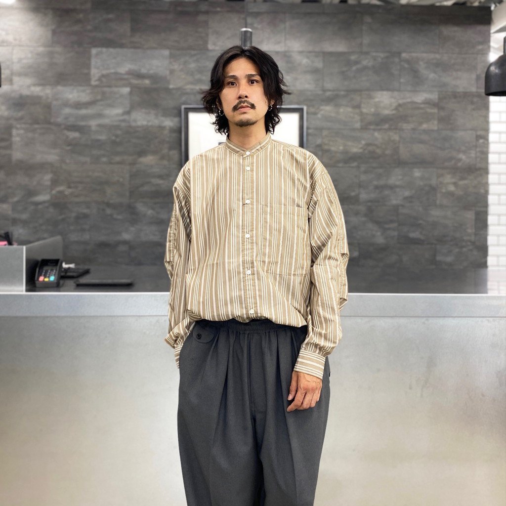 TECH BAND COLLAR SHIRTS L/S STRIPE #BEIGE [BE-92022W]