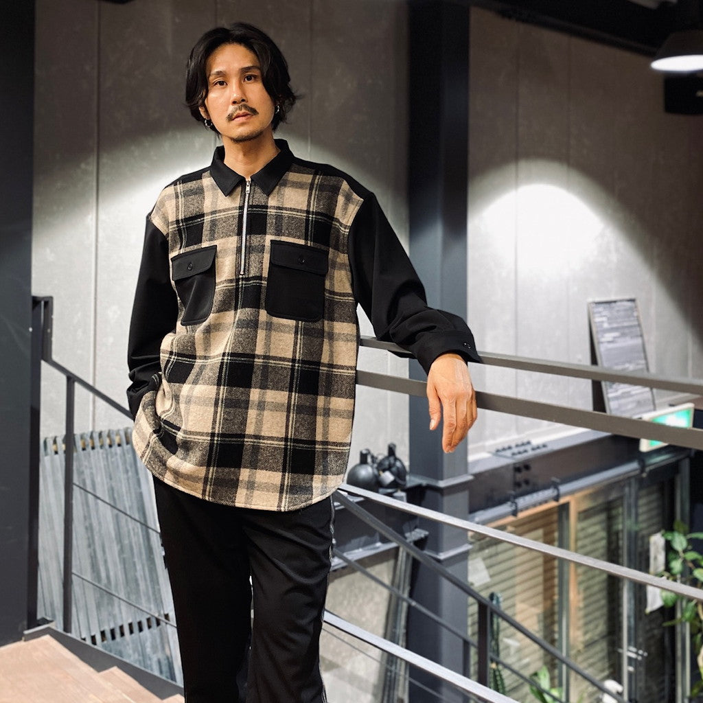 半拉鍊拼接格紋襯衫#黑色 [SC2320-SH04]